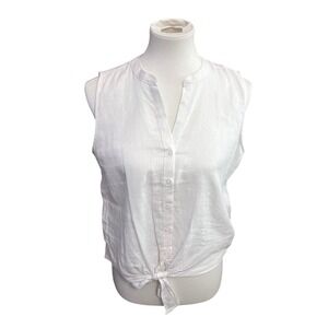 Linen Sleeveless Top Harve Benard White Tie Front Button Up Blouse Women Sm NWT